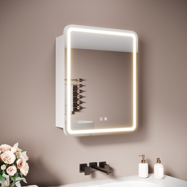 SONNI 55 x 70 x 15 cm Jednodveřová zrcadlová skříňka ze dřeva Urban Beige Proti mlžení Zásuvka pro nabíjení holicího strojku Včetně krabičky na kapesníky