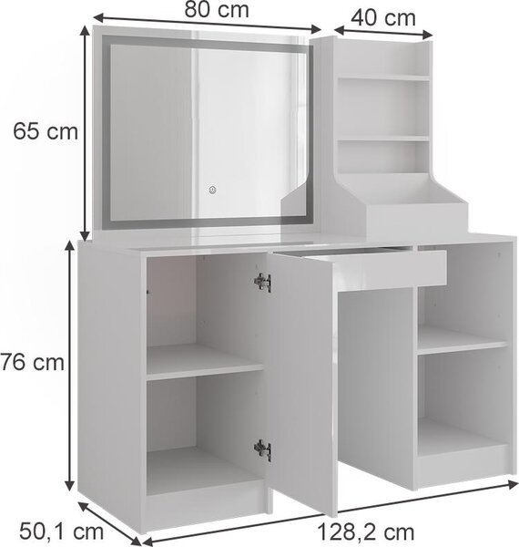 Toaletní stolek Vicco Sherry Bílá/bílý vysoký lesk 128.2 cm s LED zrcadlem, Model 57629