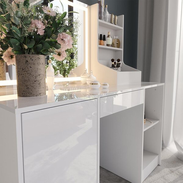 Toaletní stolek Vicco Sherry Bílá/bílý vysoký lesk 128.2 cm s LED zrcadlem, Model 57629