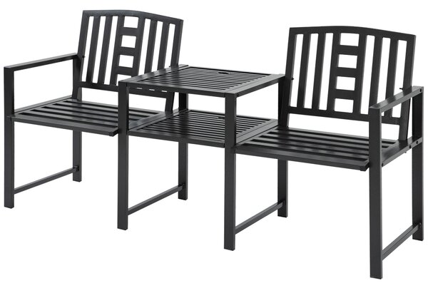 Outsunny Moderní zahradní lavice pro 2 osoby s stolem a otvorem na slunečník, venkovní nábytek 165x56x85,5cm Černá | Aosom