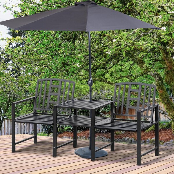 Outsunny Moderní zahradní lavice pro 2 osoby s stolem a otvorem na slunečník, venkovní nábytek 165x56x85,5cm Černá | Aosom