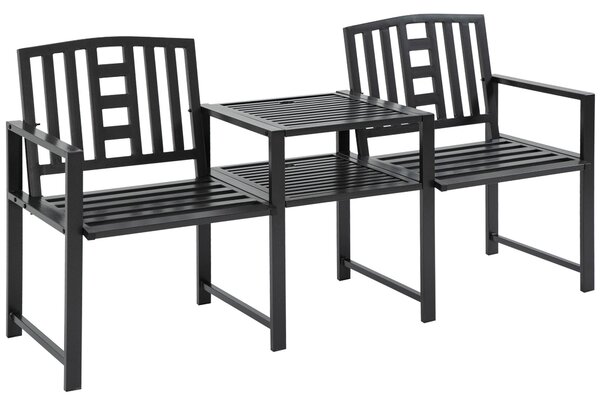 Outsunny Moderní zahradní lavice pro 2 osoby s stolem a otvorem na slunečník, venkovní nábytek 165x56x85,5cm Černá | Aosom