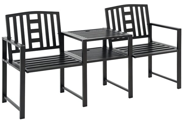 Outsunny Moderní zahradní lavice pro 2 osoby s stolem a otvorem na slunečník, venkovní nábytek 165x56x85,5cm Černá | Aosom