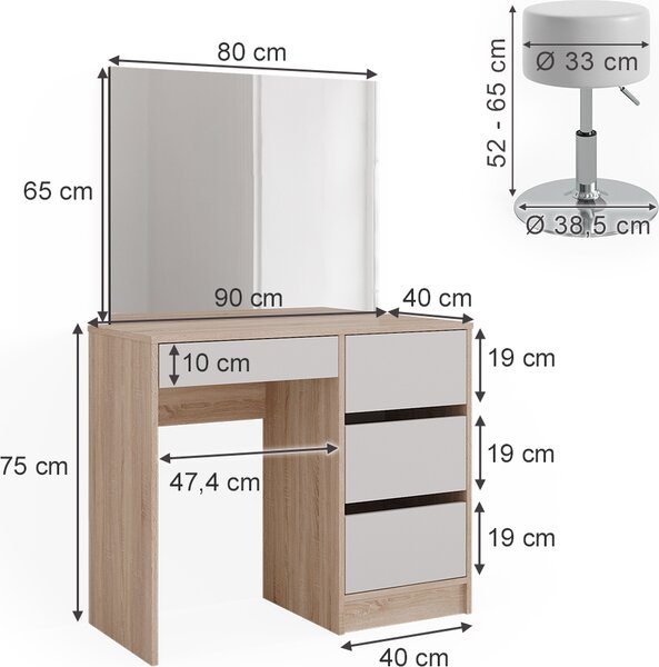 Toaletní stolek Vicco Sherry Sonoma 90 cm se stoličkou, Model 40834
