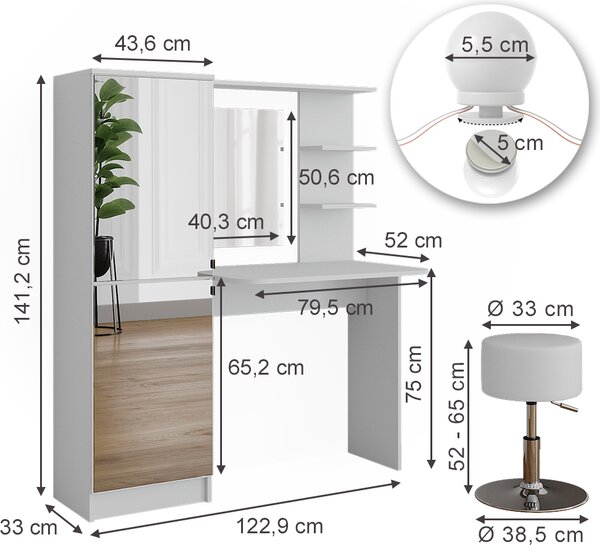 Toaletní stolek Vicco Bílá 123 cm s LED osvětlením a taburetem, Model 51267