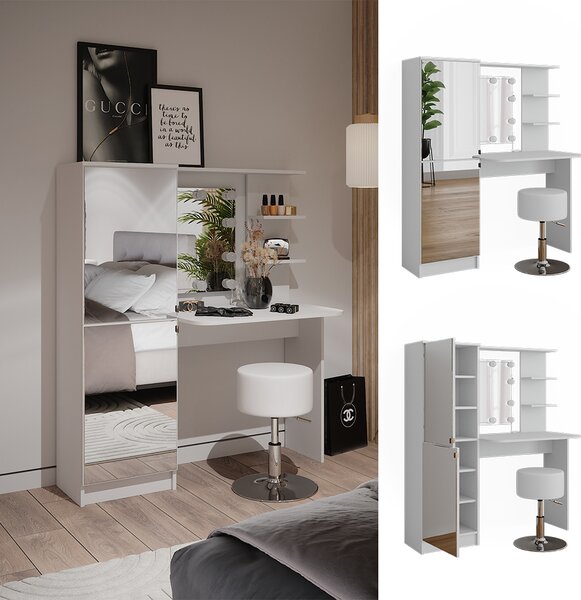 Toaletní stolek Vicco Bílá 123 cm s LED osvětlením a taburetem, Model 51267