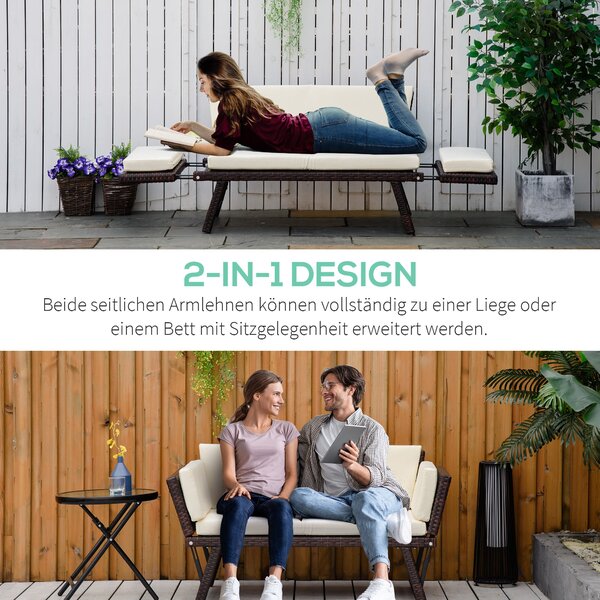 Outsunny Poly Rattan 2-místná zahradní sedačka s ocelovými nožkami, skládacími opěrkami 129 x 63 x 67 cm | Aosom