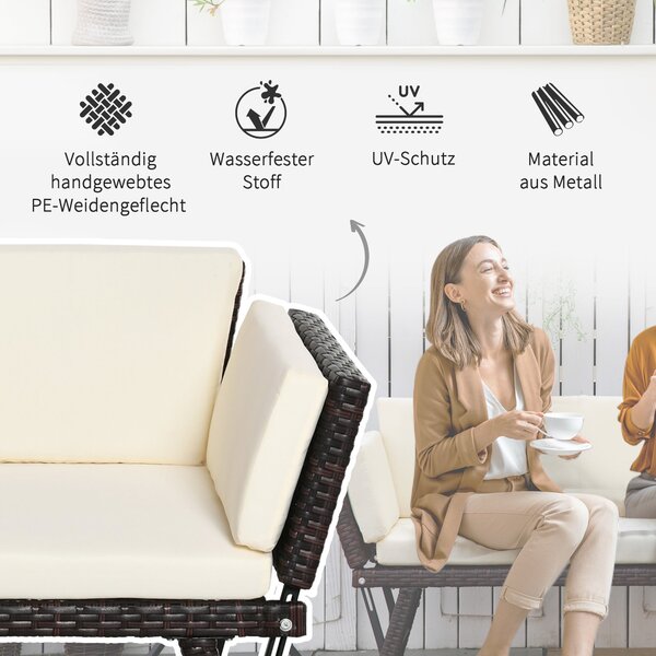 Outsunny Poly Rattan 2-místná zahradní sedačka s ocelovými nožkami, skládacími opěrkami 129 x 63 x 67 cm | Aosom
