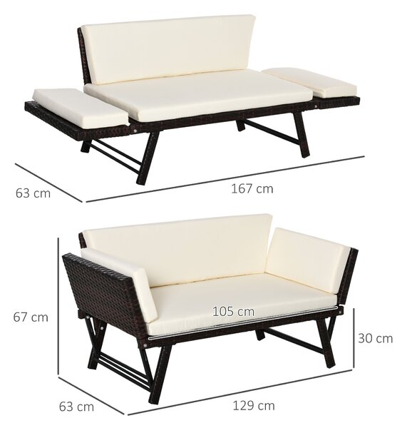 Outsunny Poly Rattan 2-místná zahradní sedačka s ocelovými nožkami, skládacími opěrkami 129 x 63 x 67 cm | Aosom