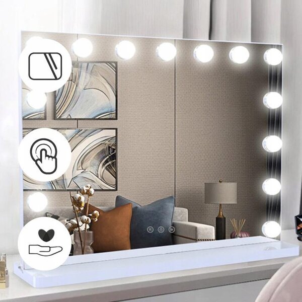 Hollywood kosmetické zrcadlo s 15 LED, 3 barvy světla, dotykové ovládání, bílé