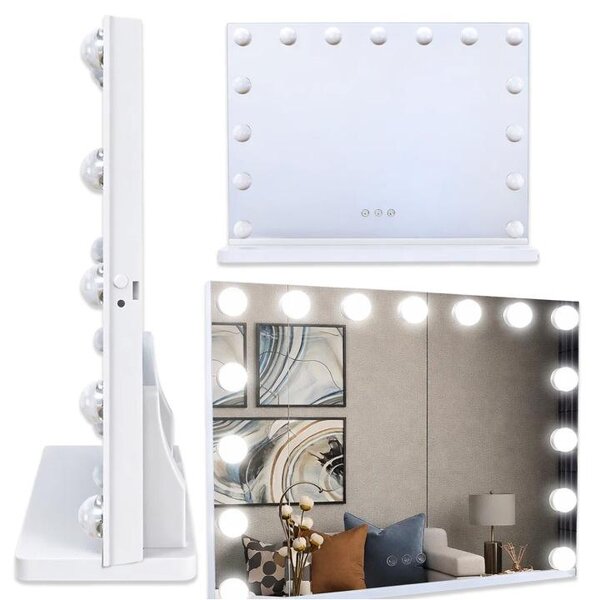 Hollywood kosmetické zrcadlo s 15 LED, 3 barvy světla, dotykové ovládání, bílé