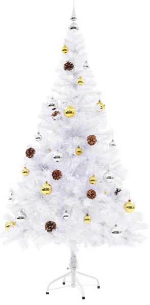 Vánoční stromek s LED osvětlením a baňkami bílý 150 cm 321502