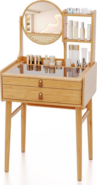 Bambusový kosmetický stolek COSTWAY, kosmetický stolek se zrcadlem a 2 zásuvkami a skleněnou deskou, toaletní stolek, 60x46,5x122cm