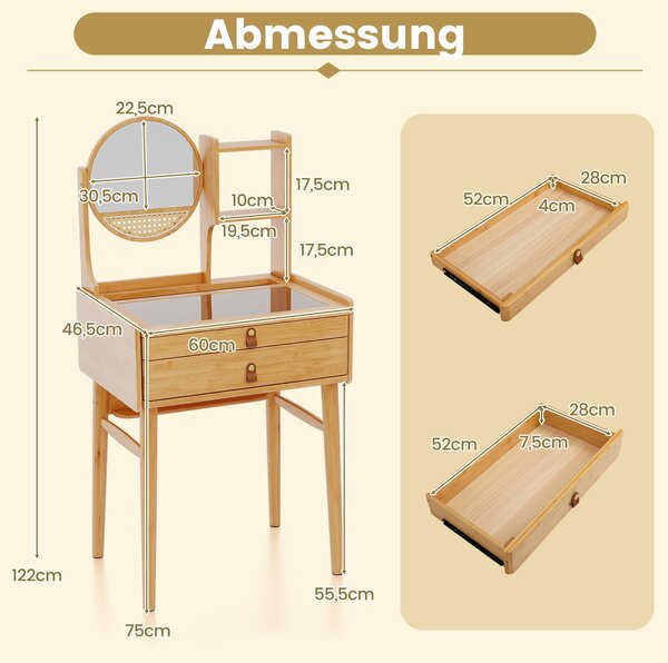 Bambusový kosmetický stolek COSTWAY, kosmetický stolek se zrcadlem a 2 zásuvkami a skleněnou deskou, toaletní stolek, 60x46,5x122cm