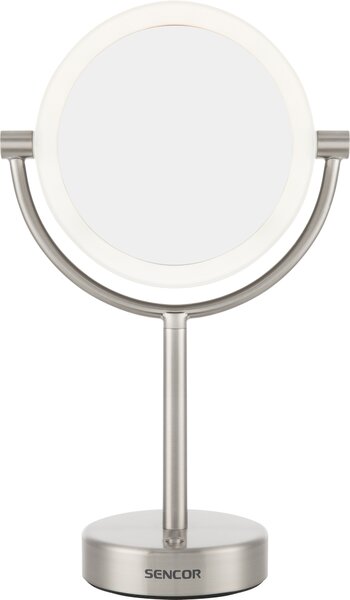 SENCOR SMM 3090SS Kosmetické zrcátko, průměr 18 cm, oboustranné provedení, podsvícení LED diodami, úsporný provoz (spotřeba max. 5 W), celonerezové provedení, napájení ze sítě