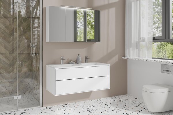 ByLIVING SPREE zrcadlová skříňka / Matný bílý korpus se zrcadlovými dvířky / Nástěnná skříňka s funkcí pozvolného zavírání / LED osvětlení v ceně / Koupelnová skříňka se zástrčkou a spínací skříňkou / Š 100, V 60, H 20 cm