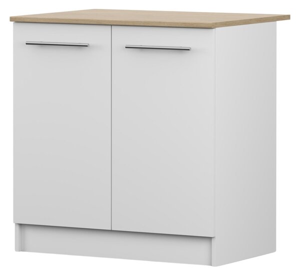 Spodní skříňka INEZ IV, kuchyň, dvoudveřová kuchyňská skříňka 80 cm, bílá/kamenný dub, se dvěma křídlovými dvířky a stříbrnými kovovými úchytkami