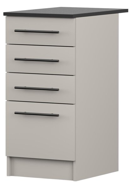 Spodní skříňka INEZ V, kuchyň, kuchyňská skříňka 40 cm, barva kašmír/černá, se čtyřmi zásuvkami, černé kovové úchytky