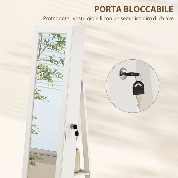 HOMCOM 360° Rotující Šperkovnice se Zrcadlem, Šperkovnice se Zámkem, Celoplošné Zrcadlo se 3 Policemi na Zadní Straně a 2 Šuplíky, 55x55x161 cm, Bílá