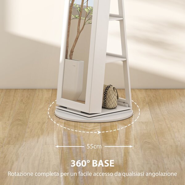 HOMCOM 360° Rotující Šperkovnice se Zrcadlem, Šperkovnice se Zámkem, Celoplošné Zrcadlo se 3 Policemi na Zadní Straně a 2 Šuplíky, 55x55x161 cm, Bílá