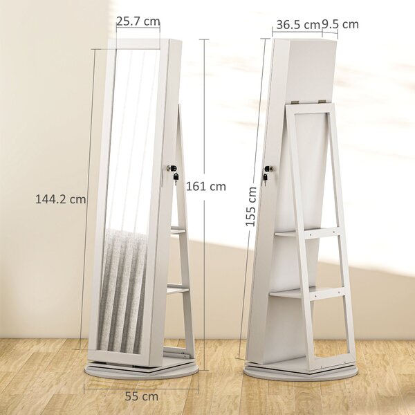 HOMCOM 360° Rotující Šperkovnice se Zrcadlem, Šperkovnice se Zámkem, Celoplošné Zrcadlo se 3 Policemi na Zadní Straně a 2 Šuplíky, 55x55x161 cm, Bílá