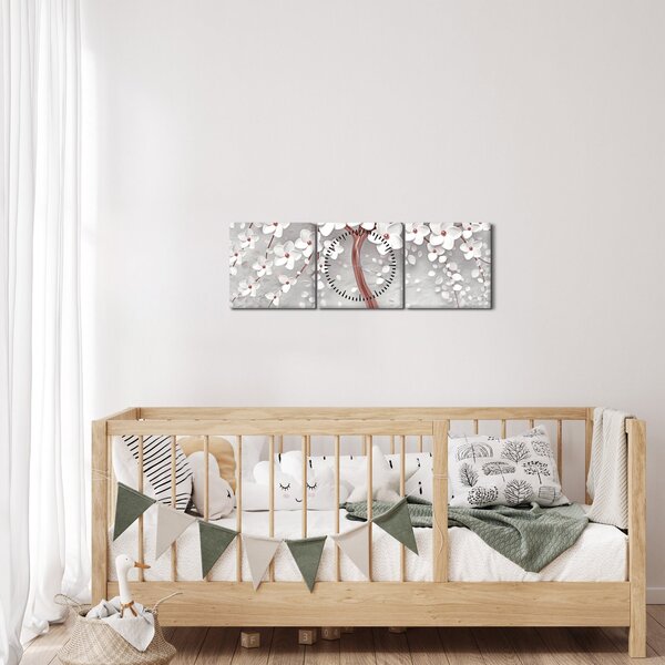 Obraz - Obraz bílého stromu s květinami, rosegold (s hodinami) (90x30 cm)