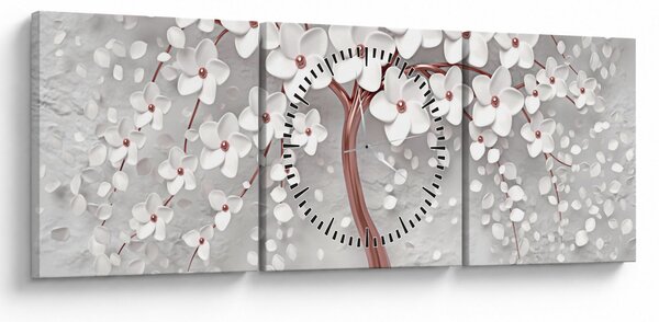 Obraz - Obraz bílého stromu s květinami, rosegold (s hodinami) (90x30 cm)