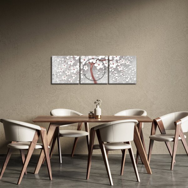 Obraz - Obraz bílého stromu s květinami, rosegold (s hodinami) (90x30 cm)