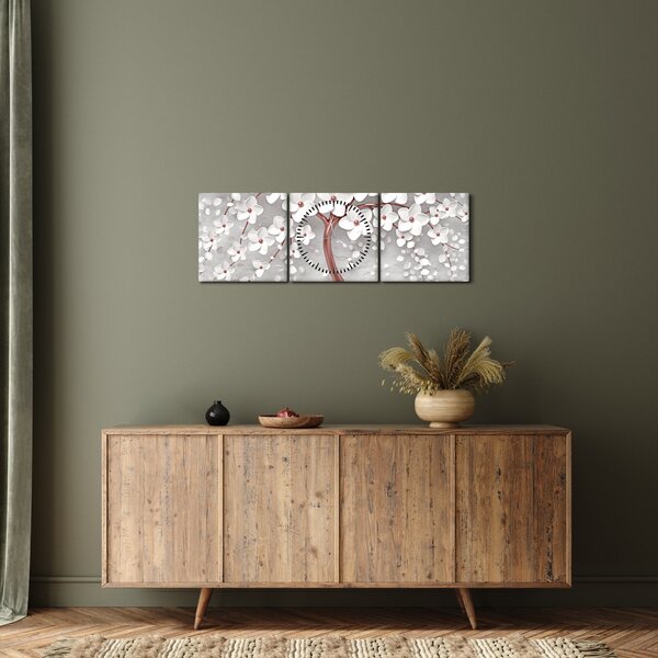 Obraz - Obraz bílého stromu s květinami, rosegold (s hodinami) (90x30 cm)