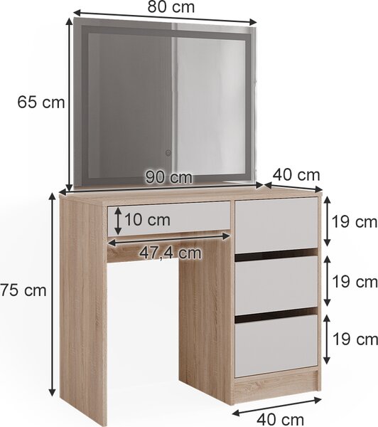 Toaletní stolek Vicco Sherry Sonoma 90 cm se zrcadlem LED, Model 40835