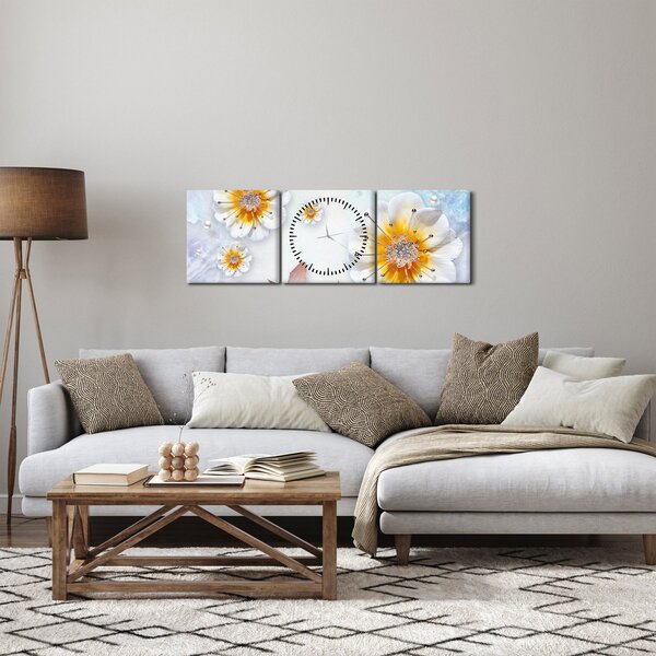 Obraz - Kompozice s květy a motýly (s hodinami) (90x30 cm)