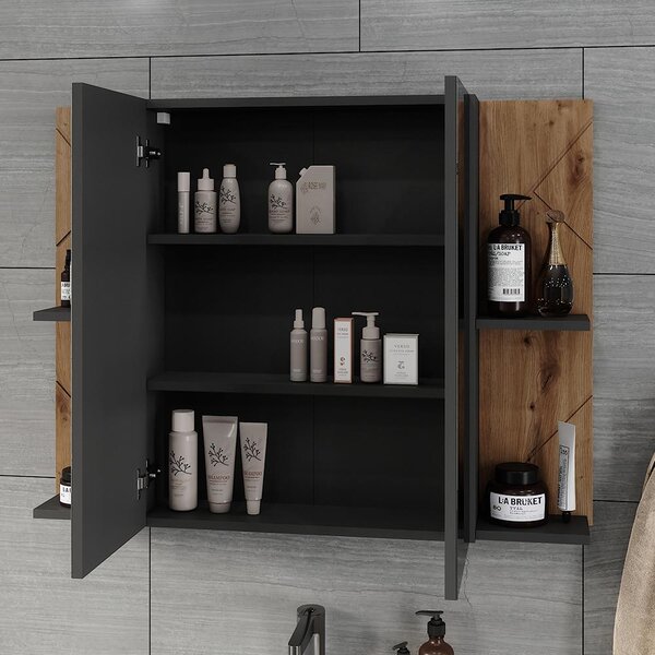 Koupelnová zrcadlová skříňka Vicco Irma Antracit/Zlatý mocný dub 100 x 75 cm se 2 dveřmi, Model 54778