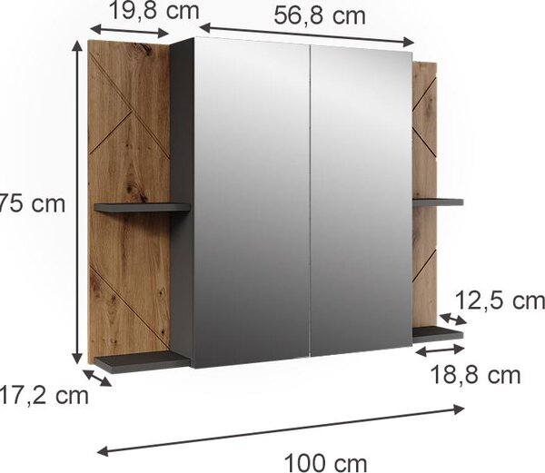 Koupelnová zrcadlová skříňka Vicco Irma Antracit/Zlatý mocný dub 100 x 75 cm se 2 dveřmi, Model 54778