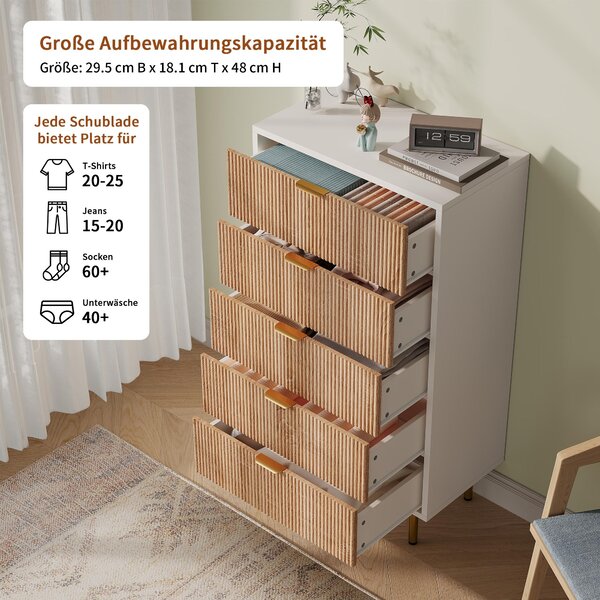Komoda UnboxG s 5 zásuvkami, rozměry 60 × 34 × 109,8 cm – úložná komoda se zlatými kovovými úchytkami a nožkami, moderní komoda s dekorativním vzorem dřevěných pruhů