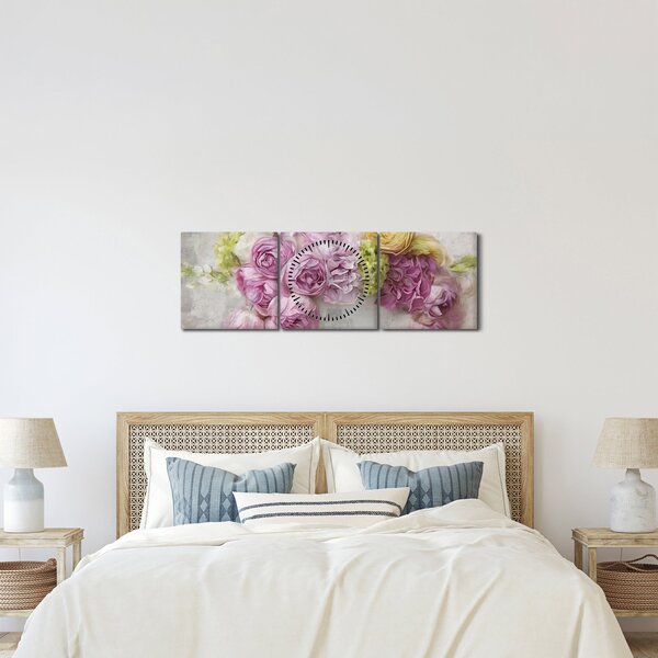 Obraz - Květy na zdi v pastelových barvách (s hodinami) (90x30 cm)