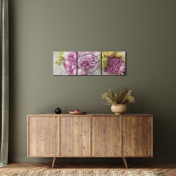 Obraz - Květy na zdi v pastelových barvách (s hodinami) (90x30 cm)