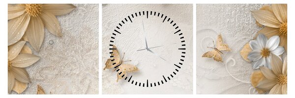 Obraz - Květy s motýlky (s hodinami) (90x30 cm)