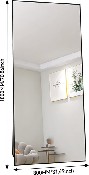 Obdélníkové kosmetické zrcadlo z tvrzeného skla, černý hliníkový rám, 1800x800 mm, moderní, elegantní design