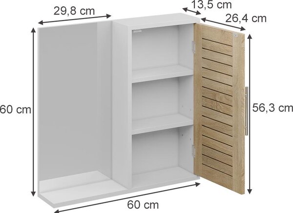 Koupelnová zrcadlová skříňka Vicco Looma Bílá/dub 60 x 60 cm se 3 přihrádkami, Model 57486