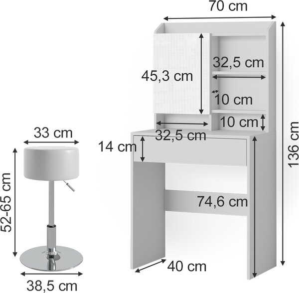 Toaletní stolek Vicco Laura Bílá 70 cm s taburetem, Model 38281