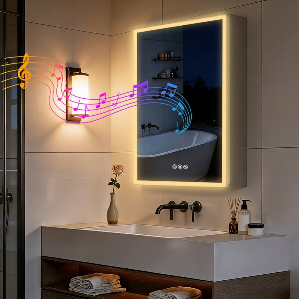 WISFOR Zrcadlová skříňka do koupelny s LED osvětlením, rozměry 50x70 cm. Koupelnová skříňka s Bluetooth zásuvkou, funkcí proti zamlžování a třemi barvami světla, ovládáním dotykem