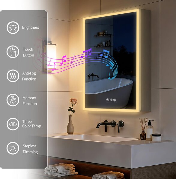 WISFOR Zrcadlová skříňka do koupelny s LED osvětlením, rozměry 50x70 cm. Koupelnová skříňka s Bluetooth zásuvkou, funkcí proti zamlžování a třemi barvami světla, ovládáním dotykem