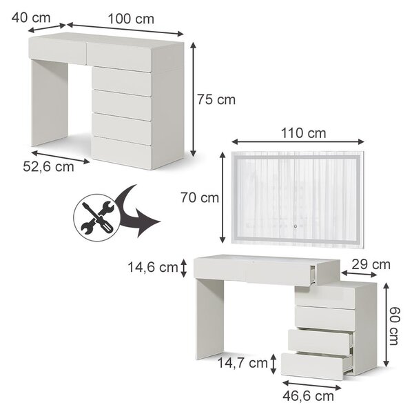 Toaletní stolek Vicco Alvia Bílá 100 cm s LED zrcátkem, Model 65349
