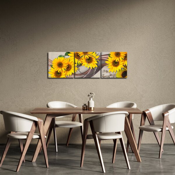 Obraz - Zářící květy slunečnic (s hodinami) (90x30 cm)