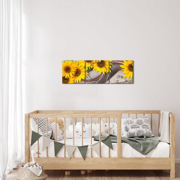 Obraz - Zářící květy slunečnic (s hodinami) (90x30 cm)
