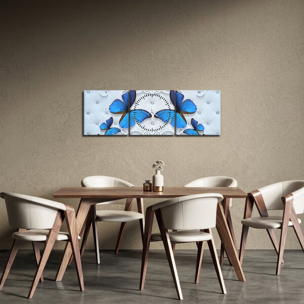 Obraz - Modří motýli (s hodinami) (90x30 cm)