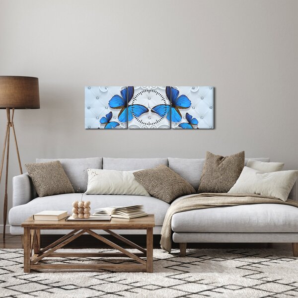 Obraz - Modří motýli (s hodinami) (90x30 cm)