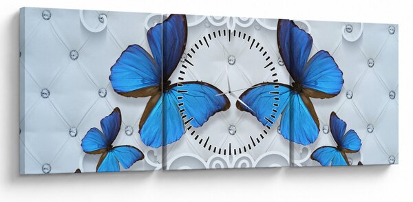 Obraz - Modří motýli (s hodinami) (90x30 cm)