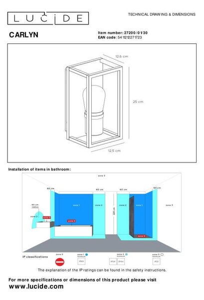 Lucide 27200/01/30 nástěnné svítidlo Carlyn 1x6W | E14 | IP54 - do koupelny