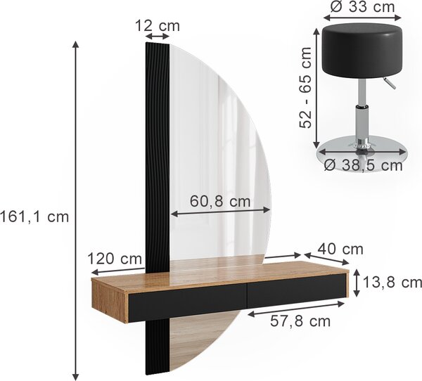 Toaletní stolek Vicco Melisa Černá 120 cm s osvětlením a stoličkou, Model 47690